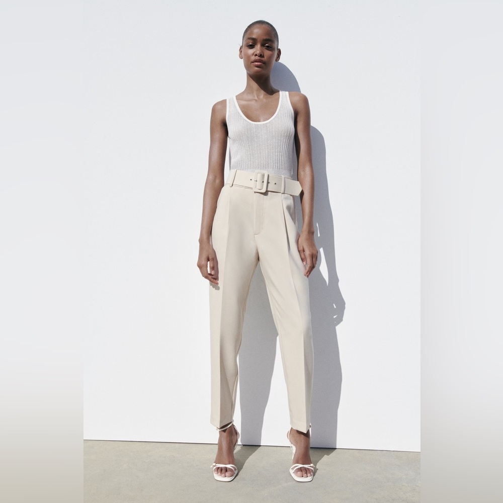 Zara High Waisted Pants with Fabric Covered Belt Ecru